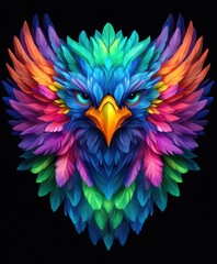 Obraz premium Vividly Colored Bird Head with Dynamic Wings, showcasing intricate blue, green, purple, and pink hues, highlighted against a bold black background to enhance its striking features.