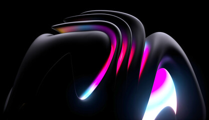 3d render abstract art with part of the surreal alien flower in curved wavy spherical elegance spiral lines forms in black matte rubber material with a neon glowing yellow blue and purple part