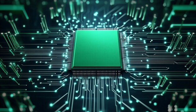 Metallic Green Microchip Featuring Sharp Circuit Lines Showcasing Advanced Processor Architecture