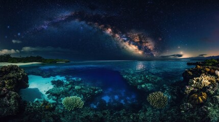Fototapeta premium A stunning night sky over a coral reef, showcasing the Milky Way and tranquil waters.