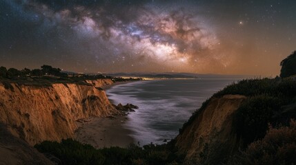 Fototapeta premium A breathtaking night sky over a coastal landscape with cliffs and ocean waves.