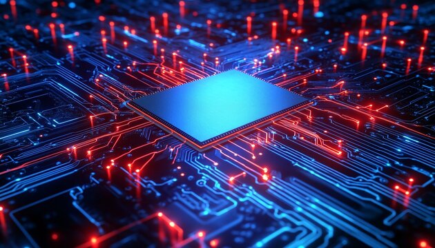 Microchip Design Featuring Blue and Red Tones Showcasing Advanced Processor Architecture