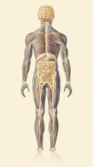 Fototapeta premium diagram of human body illustrates intricate nervous system, showcasing brain, spinal cord, and peripheral nerves. This detailed representation highlights complexity of human anatomy and vital role of