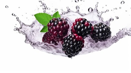 Fresh blackberries splashing into water with vibrant green leaves on a bright background