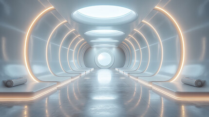 Fototapeta premium Abstract spiral tunnel with light trails and circular patterns.