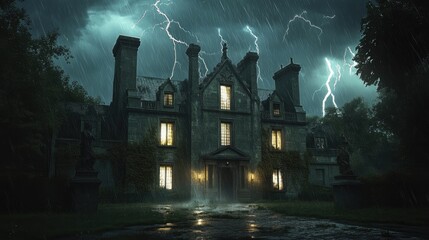 Thunderstorm and lightning illuminate an ancient British-style villa with tall, narrow windows, creating a spooky, haunted atmosphere.