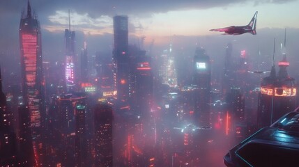 Obraz premium A futuristic cityscape with tall skyscrapers, glowing neon signs, and a flying vehicle in the foggy sky.