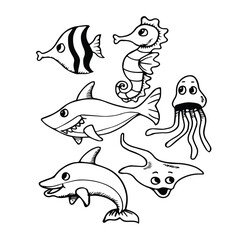 Sea animal doodles, under the sea ocean creature vector collection hand drawn sketch 
