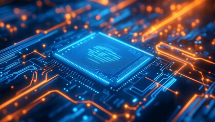 Vibrant blue and orange microchip showcasing advanced processor architecture with glowing circuits highlighting intricate design and technology.