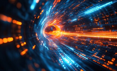 Obraz premium Abstract Digital Tunnel with Orange and Blue Lights