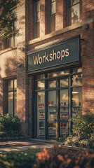Workshops sign on brick building, showcasing welcoming entrance with shelves visible inside. warm sunlight enhances inviting atmosphere of this community space