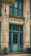 Obraz premium exterior of library features charming entrance with sign reading Free Workshops. vintage architecture and weathered blue door create welcoming atmosphere for community engagement