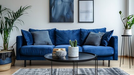 Modern living room with blue sofa, black coffee table, and bohemian decor. Scandinavian contemporary home interior design.