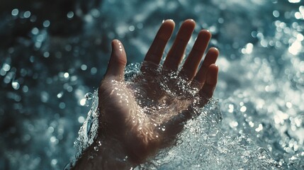 Fototapeta premium peaceful hand emerging from the water creating ripples on the surface abstract aquatic scene with calm water and a splash of fluid motion in nature