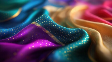 Traditional Indian sari, vibrant colors and gold detailing, 3D illustration