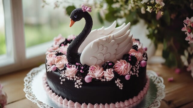 a birthday cake with the silute of a swan, decorate with sugar flowes