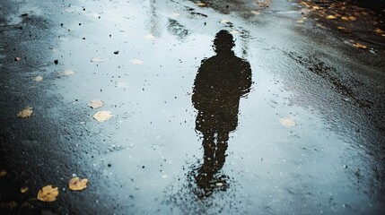 Obraz premium Silhouette Reflection in a Puddle on a Rainy Day