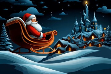 A vintage-style holiday postcard with a retro Santa Claus on a sleigh flying over a winter village, spreading holiday cheer