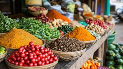 A colorful market stall selling fresh spices, herbs, and vegetables