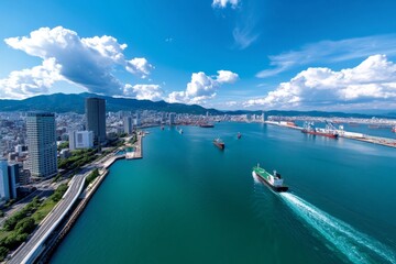 Naklejka premium Aerial view of Osaka Bay, where the industrial side of the city meets the vastness of the sea, with ships coming in and out of port