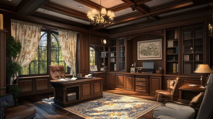 A traditional home office with a large wooden desk, a bookshelf, and a large window overlooking a green forest.