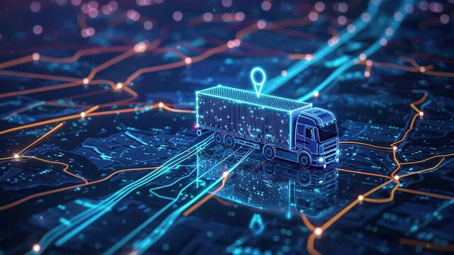 GPS tracking and moving truck with container on a map. Distribution and delivery concept