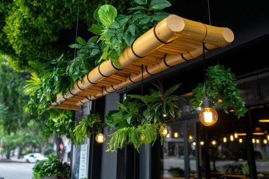 An awning made of bamboo above a tropical-themed cafÃ©, with greenery and hanging plants creating a lush, relaxing vibe