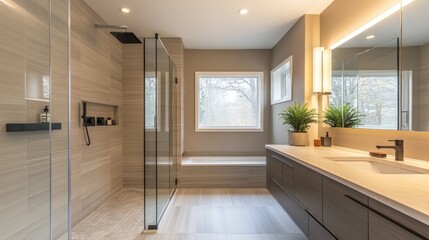 A contemporary bathroom with a walk-in shower, modern fixtures, and a sleek design