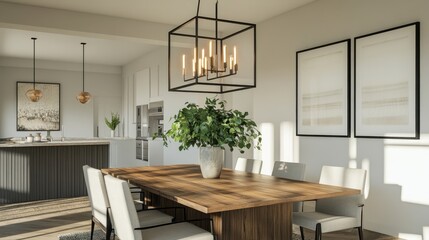 A contemporary dining room interior with a wooden table, modern chairs, and a statement light fixture