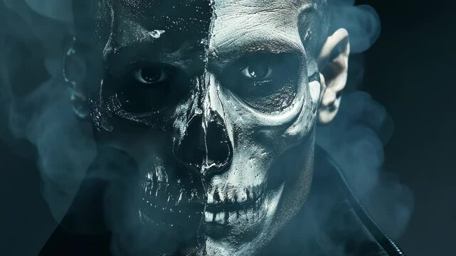 Horror skull man. Halloween horror concept art. Split face. Half skull and half skeleton. Fantasy cinematic supernatural style. Day of the dead. Video 4K