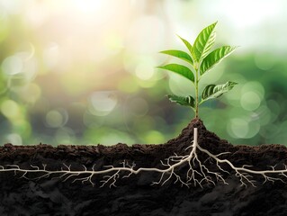 Financial Growth Symbolized by Plant with Roots and Branches Depicting Investments and Future Prospects