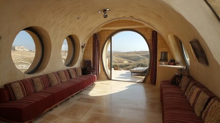 Obraz premium Interior of a cave home with a view of the landscape through a large arched window.