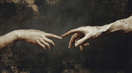 Two Hands Reaching Out, Almost Touching, on a Dark Background