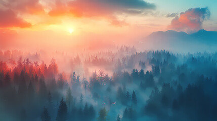 Obraz premium Mystical foggy forest with fairies and mythical creatures at sunrise colorful fantasy aerial view. Foggy Morning. Illustration