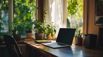 Laptop on a desk next to a window with plants.