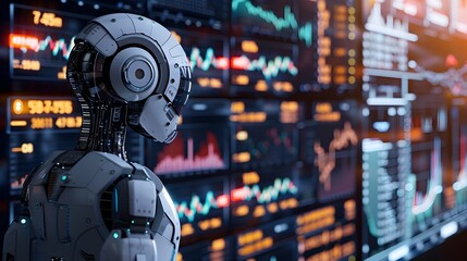 Futuristic Market Interface with Holographic Growth Indicators and Robotic Advisor