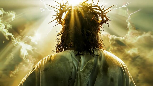 Jesus in white clothes and with a golden crown of thorns on his head on a heaven background, back view. Video 4K