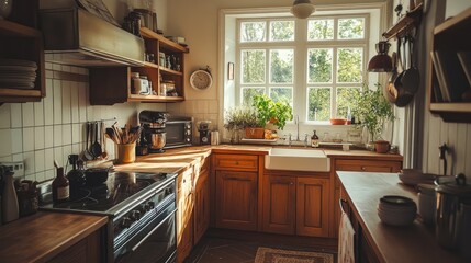 A cozy kitchen interior with warm wood tones, vintage appliances, and a farmhouse-style sink