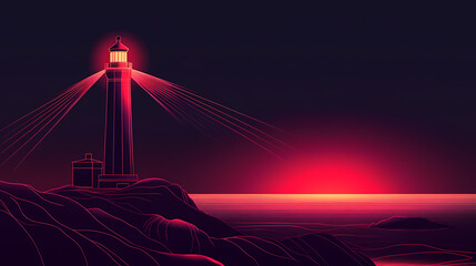 Obraz premium Neon silhouette of lighthouse at sunrise isotated on black background. Lighthouse. Illustration