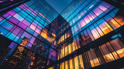Low angle view of a modern glass skyscraper at night with colorful reflections.