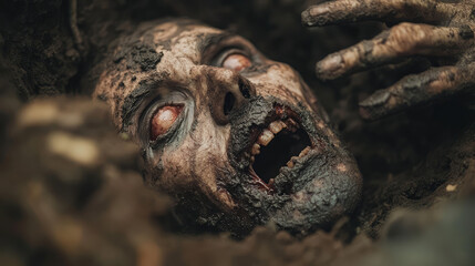 Obraz premium A zombie head is buried in the dirt. The head is covered in mud and has a mouth open, as if it is screaming. The scene is dark and eerie, with the head being the main focus of the image