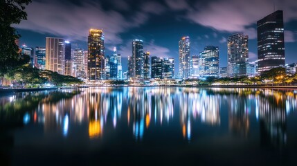 Fototapeta premium A vibrant city skyline reflected in water at night, showcasing lights and modern architecture.