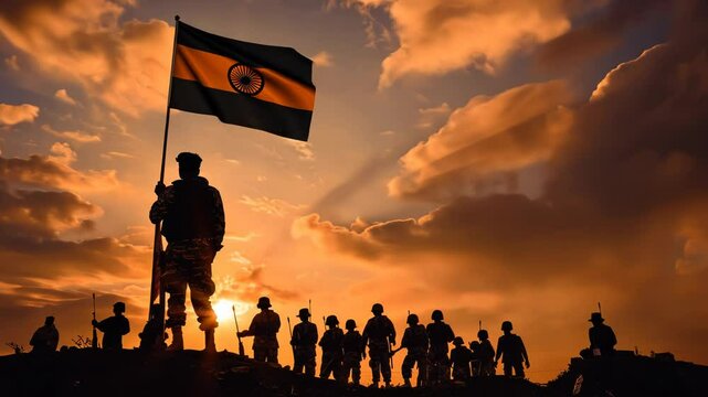 Kargil Vijay Diwas, Kargil victory day, indian army silhouette, holding flag. Video 4K