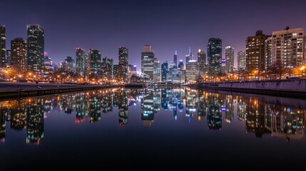 A vibrant city skyline reflected in water at twilight, showcasing urban beauty and tranquility.