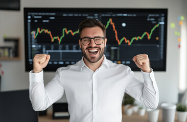 Obraz premium Successful Stock Trader Celebrates Market Wins in Modern Office