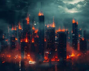 Fototapeta premium Futuristic Dystopian Cityscape Engulfed in Dramatic Flames and Illumination
