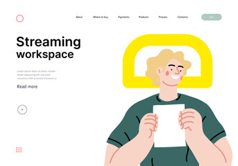 Creative Workspace: Video Conference, modern flat vector concept illustration of person engaging in virtual business meeting Connectivity, collaboration, digital interaction, remote work, productivity