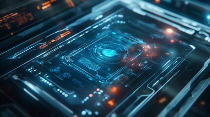 Fototapeta premium Close-up of a futuristic digital interface with blue and orange lights.