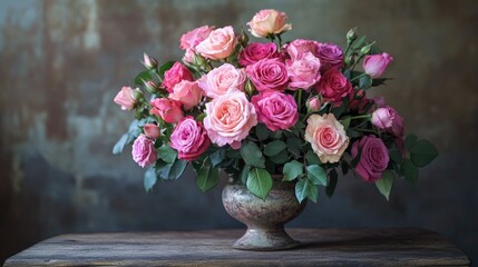A bouquet of roses in various shades of pink, beautifully arranged in a vintage vase, placed on a rustic wooden table.