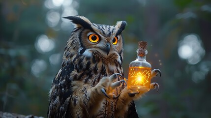 A mystical owl holding a glowing potion in a enchanted forest. Captivating and magical atmosphere.